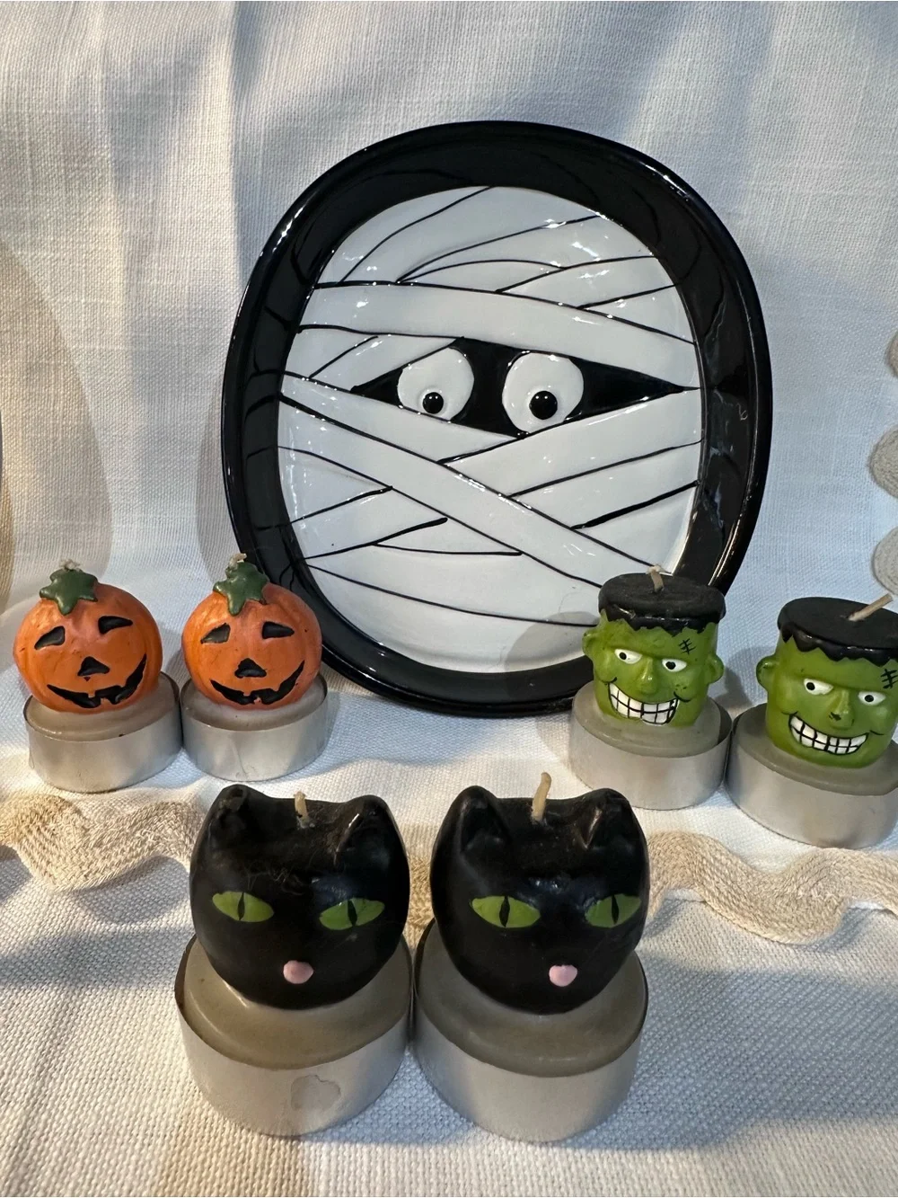 Halloween Bundle 2 Mummy Ceramic Serving Plates and Halloween Tea Lights